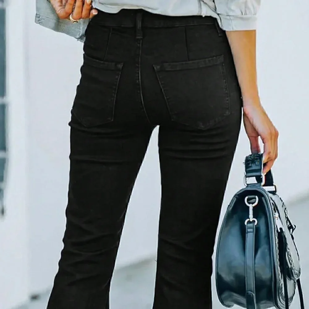 Black Preppy Womens Ripped Raw Hem Flare Leg Jeans - Picture 4 of 5